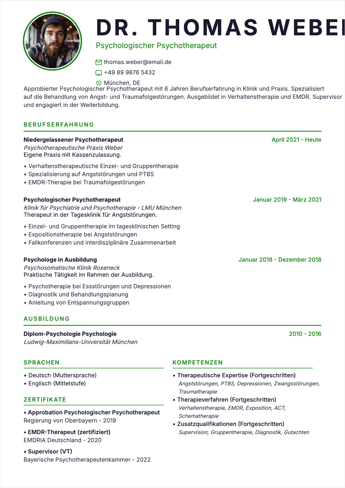 Professionelles Psychologist Lebenslauf-Beispiel - Moderne Vorlage optimiert für ATS und Personalvermittler | CVtoWork