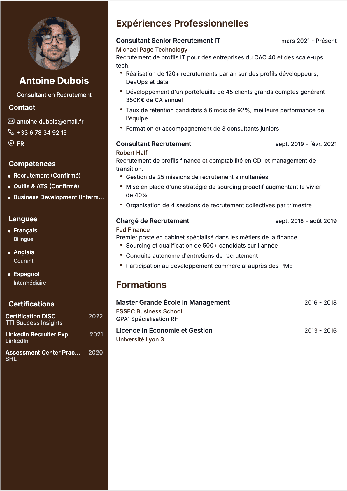 Exemple de CV Recruteur professionnel - Modèle moderne optimisé pour les ATS et recruteurs | CVtoWork