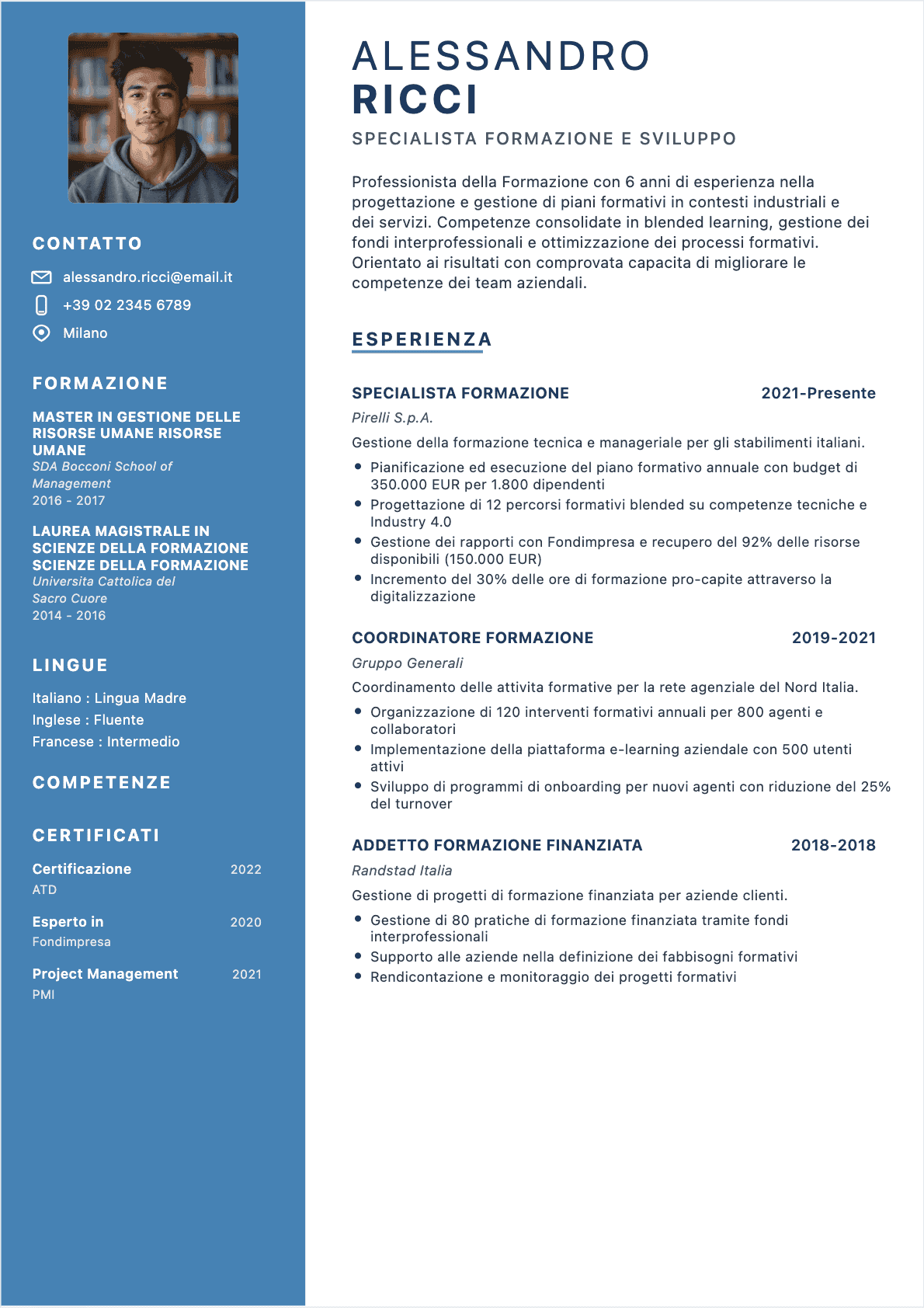 Esempio di CV Responsabile formazione professionale - Modello moderno ottimizzato per ATS e recruiter | CVtoWork