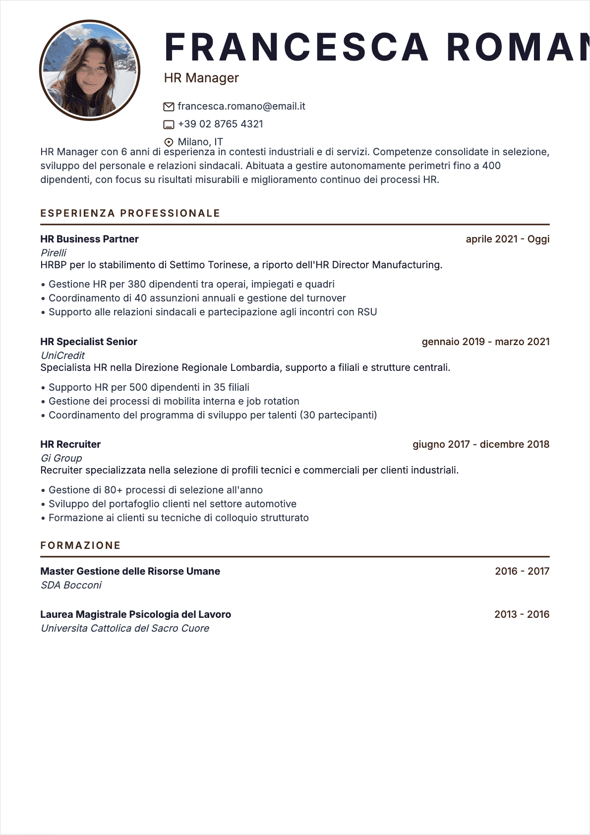 Esempio di CV Hr Manager professionale - Modello moderno ottimizzato per ATS e recruiter | CVtoWork