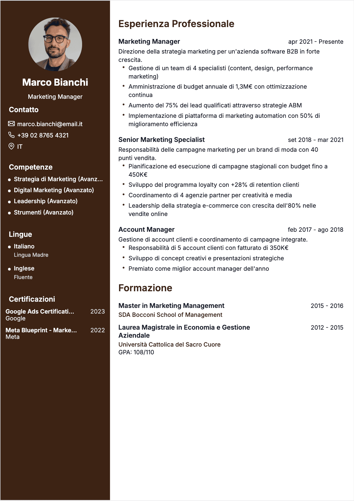 Esempio di CV Responsabile marketing professionale - Modello moderno ottimizzato per ATS e recruiter | CVtoWork