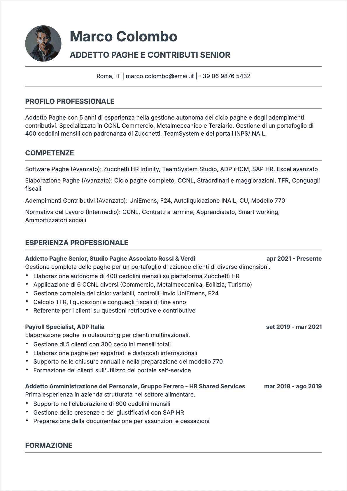 Esempio di CV Responsabile paghe