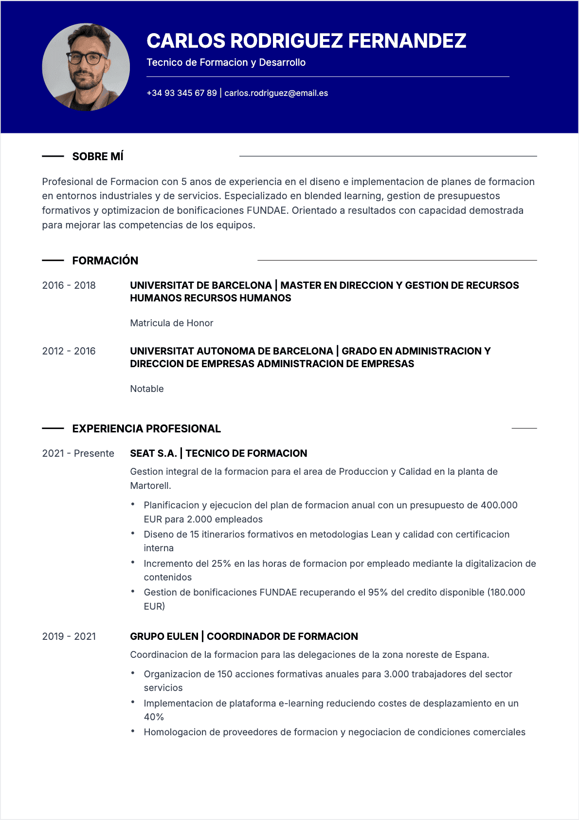 Ejemplo de CV Responsable de formación