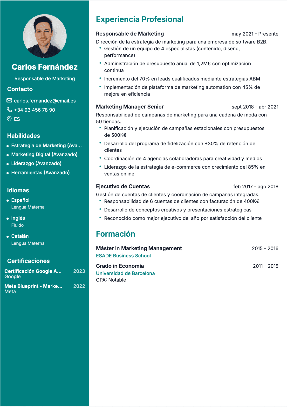 Ejemplo de CV Responsable de marketing
