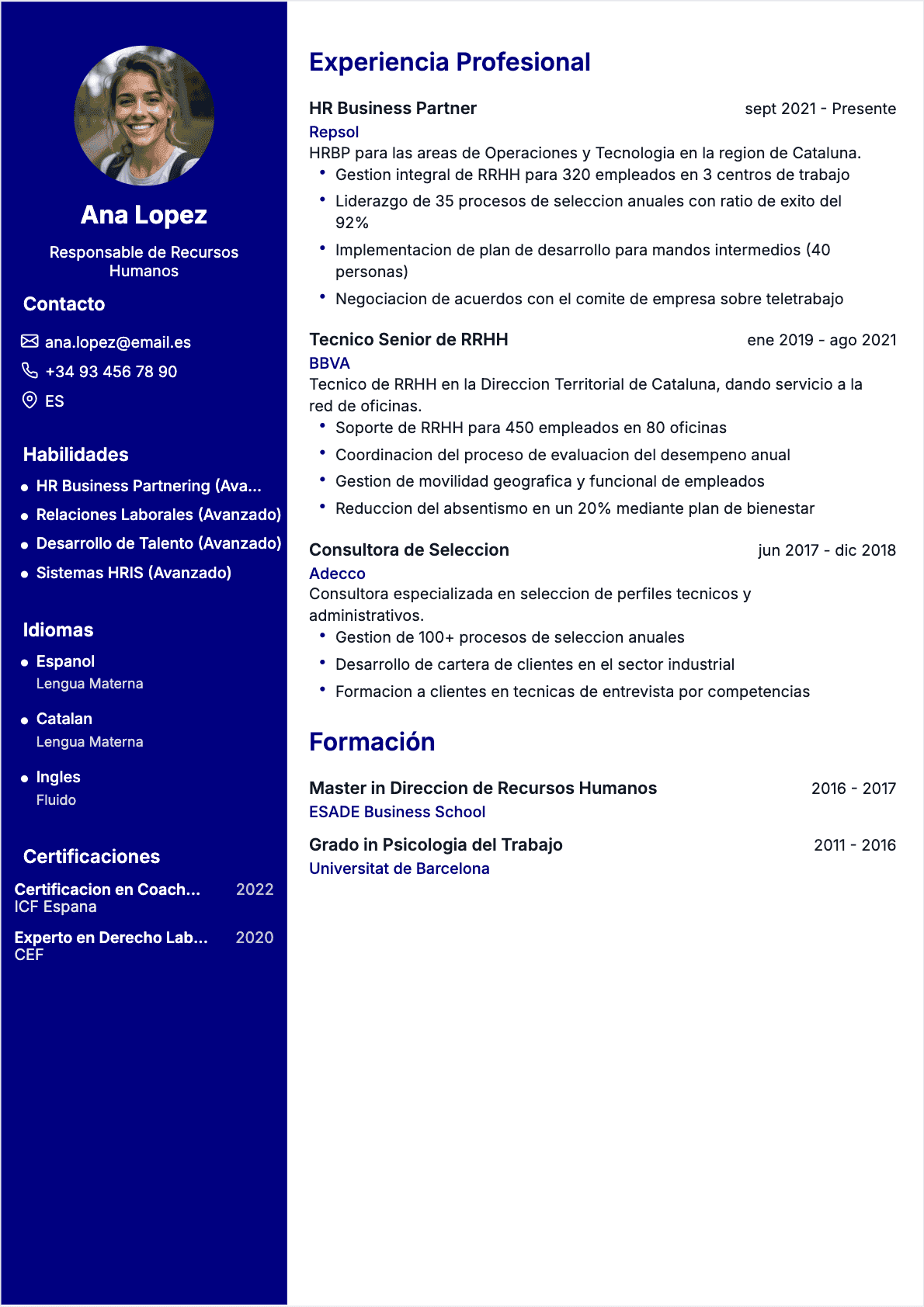 Ejemplo de CV Hr Manager profesional - Plantilla moderna optimizada para ATS y reclutadores | CVtoWork