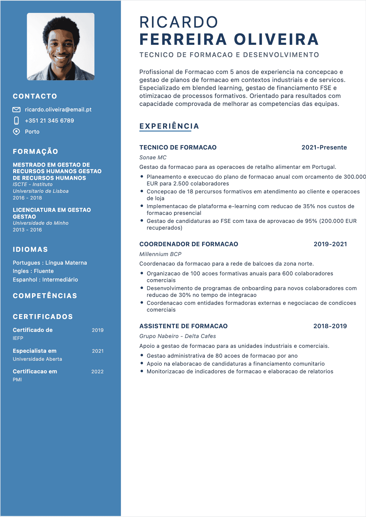 Exemplo de CV Responsável de formação profissional - Modelo moderno otimizado para ATS e recrutadores | CVtoWork