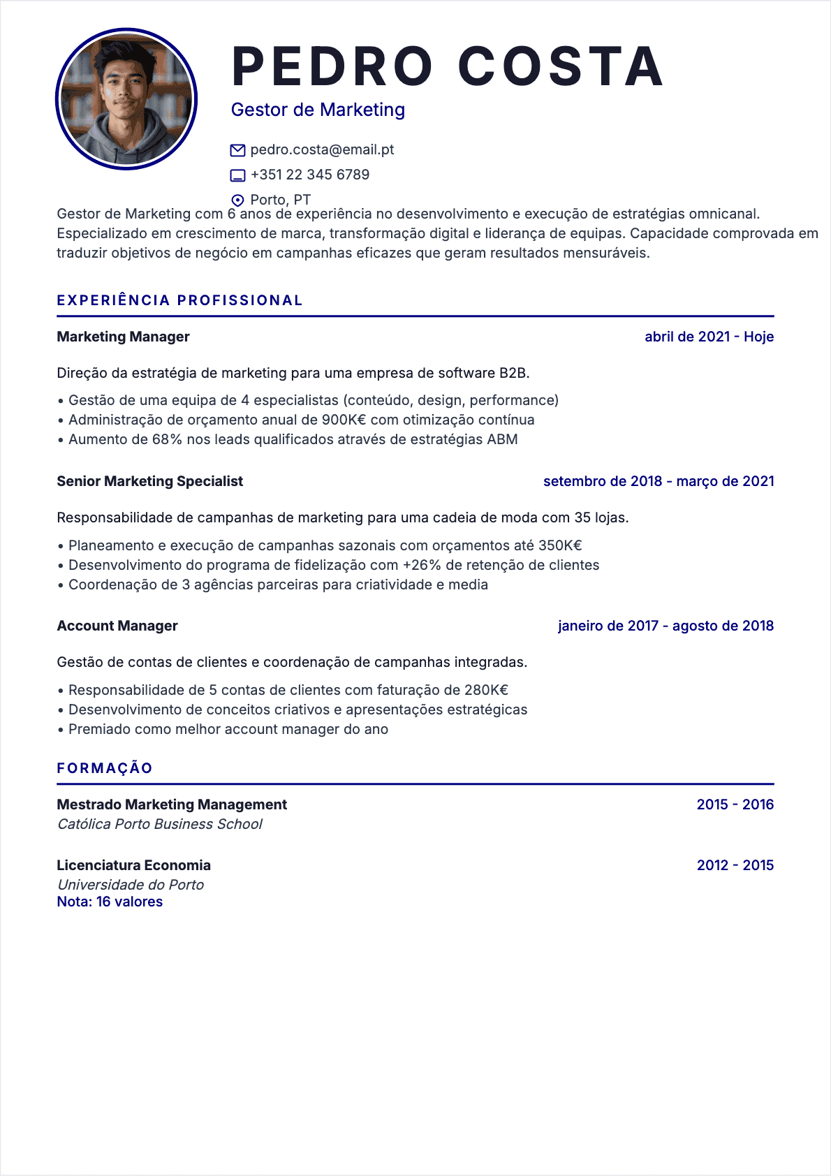 Exemplo de CV Responsável de marketing profissional - Modelo moderno otimizado para ATS e recrutadores | CVtoWork