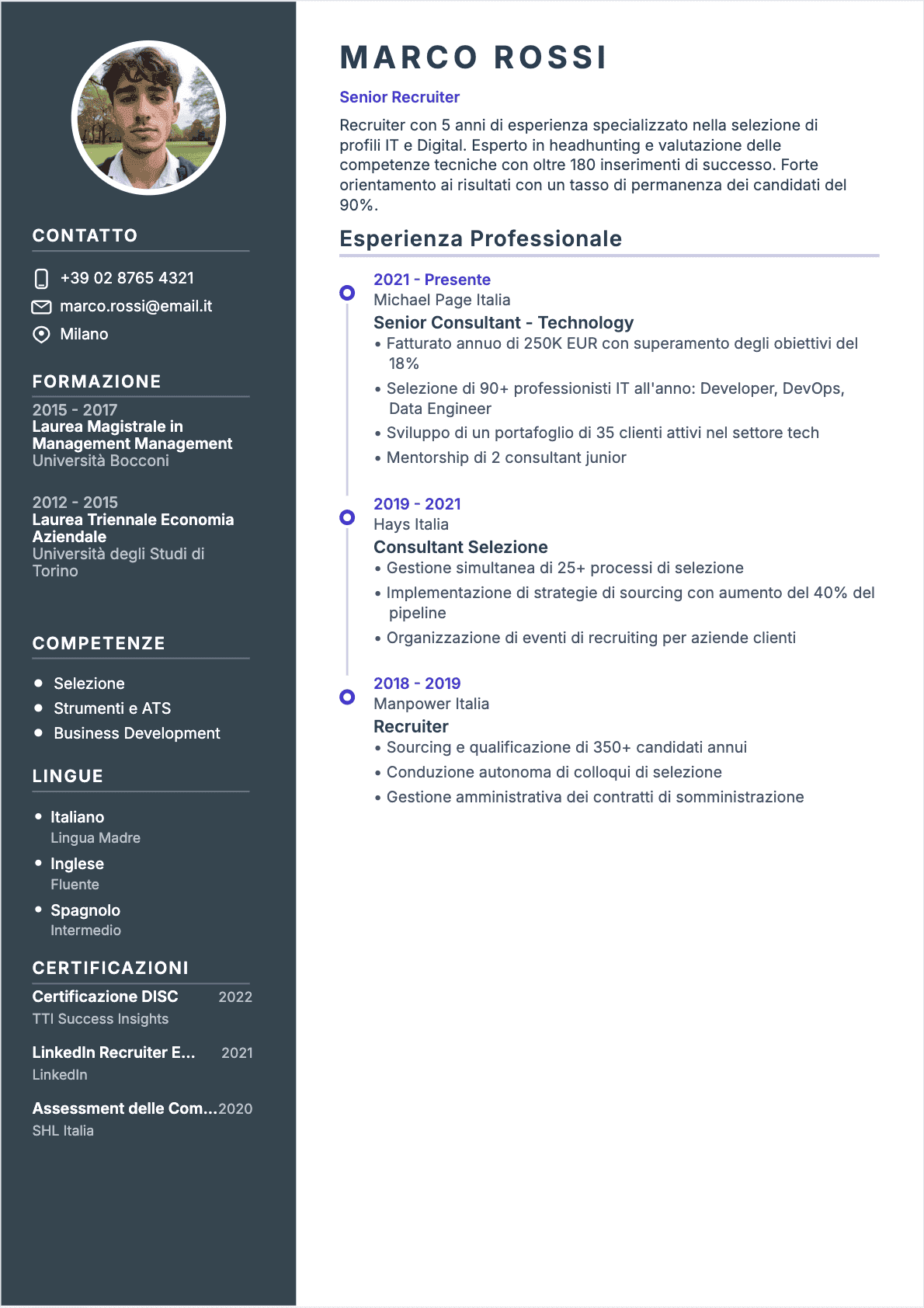 Esempio di CV Selezionatore professionale - Modello moderno ottimizzato per ATS e recruiter | CVtoWork