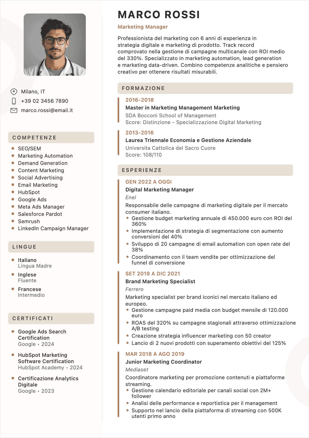 Esempio di CV Specialista marketing