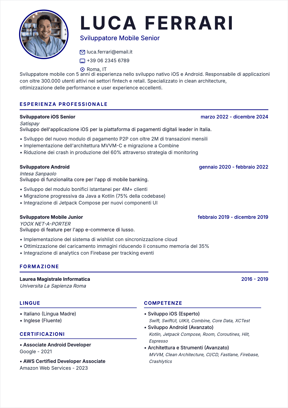 Esempio di CV Sviluppatore mobile professionale - Modello moderno ottimizzato per ATS e recruiter | CVtoWork