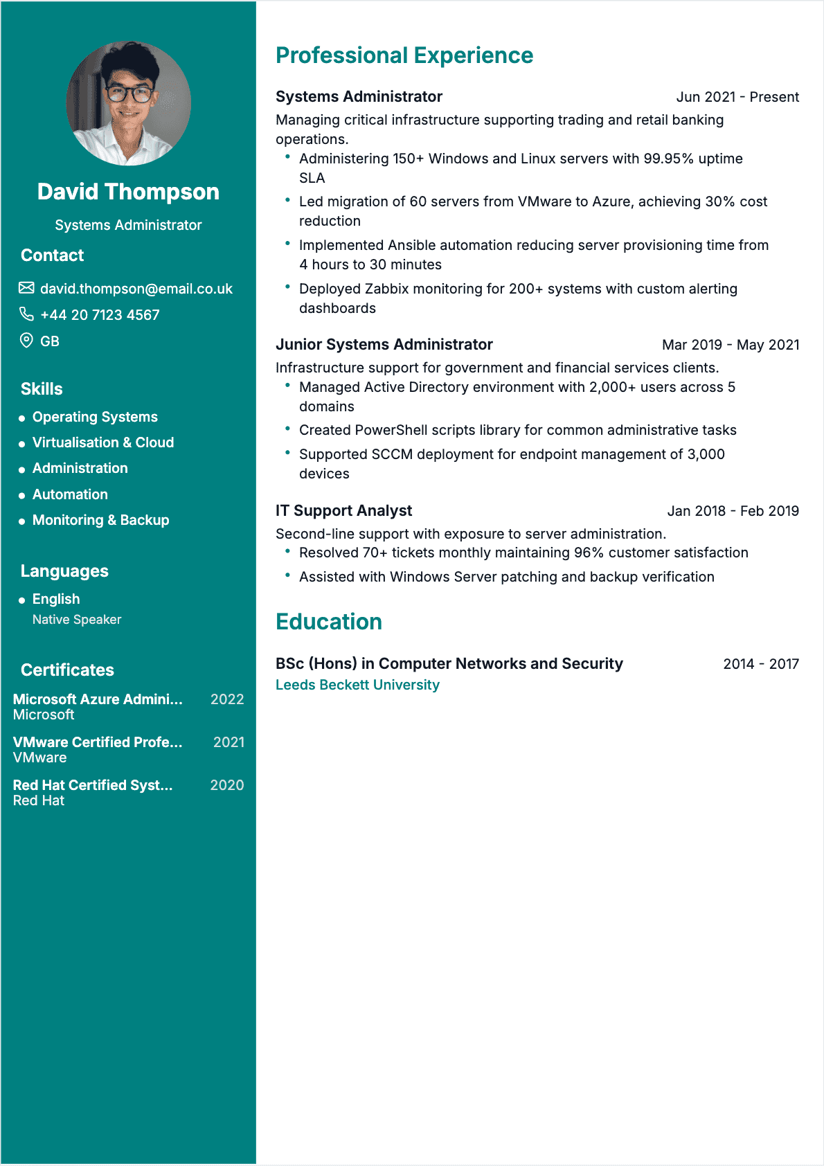 Professional Systems Administrator resume example - Modern template optimized for ATS and recruiters | CVtoWork