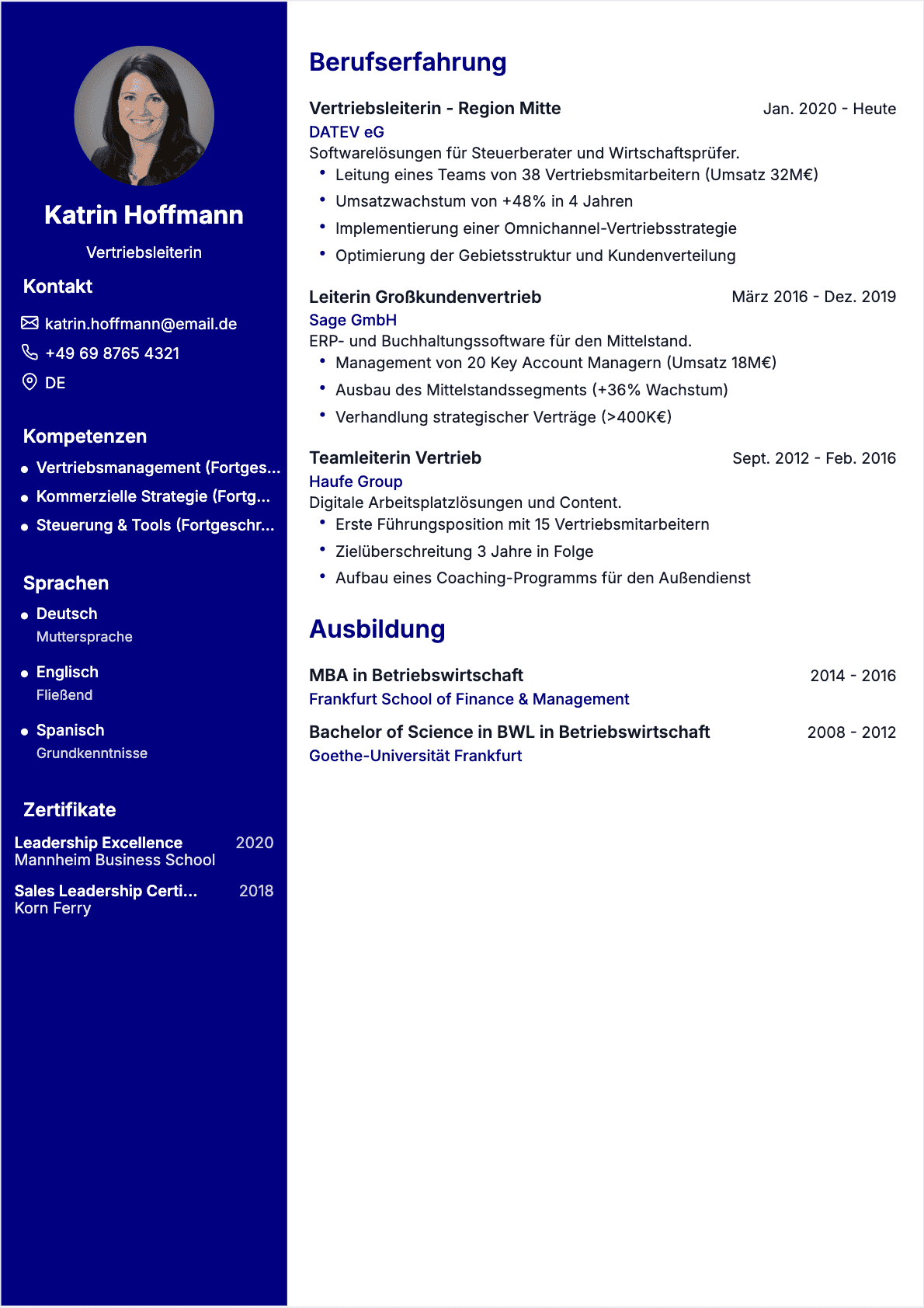 Professionelles Vertriebsleiter Lebenslauf-Beispiel - Moderne Vorlage optimiert für ATS und Personalvermittler | CVtoWork