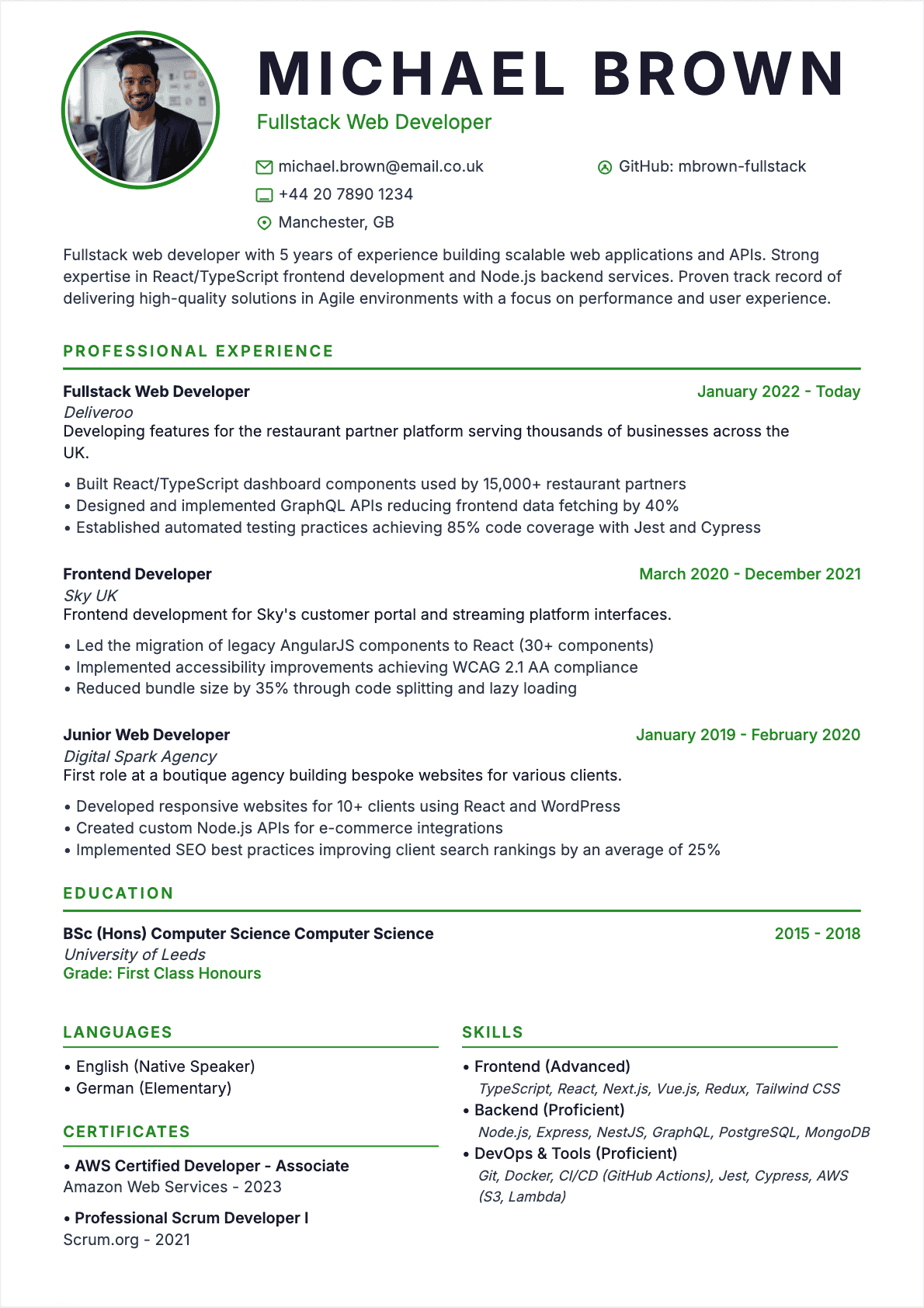 Professional Web Developer resume example - Modern template optimized for ATS and recruiters | CVtoWork