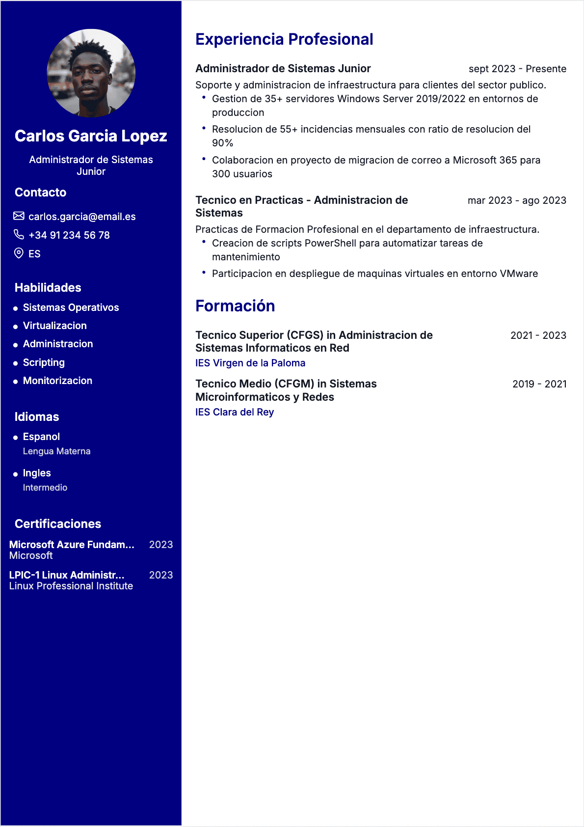 Administrador de sistemas Junior - CV Administrador de sistemas