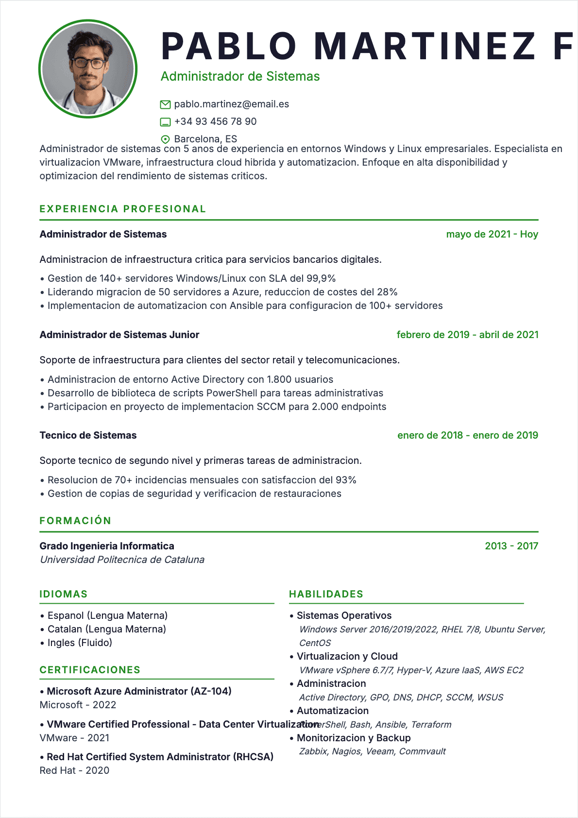 Administrador de sistemas Confirmé - CV Administrador de sistemas