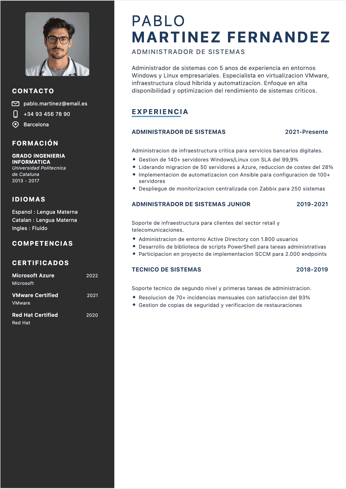 Administrador de sistemas Confirmé - CV Administrador de sistemas