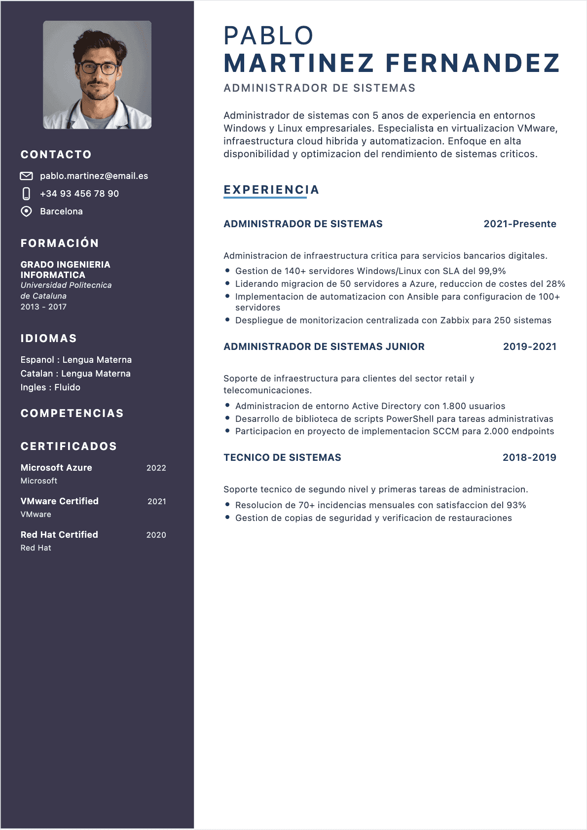 Administrador de sistemas Confirmé - CV Administrador de sistemas