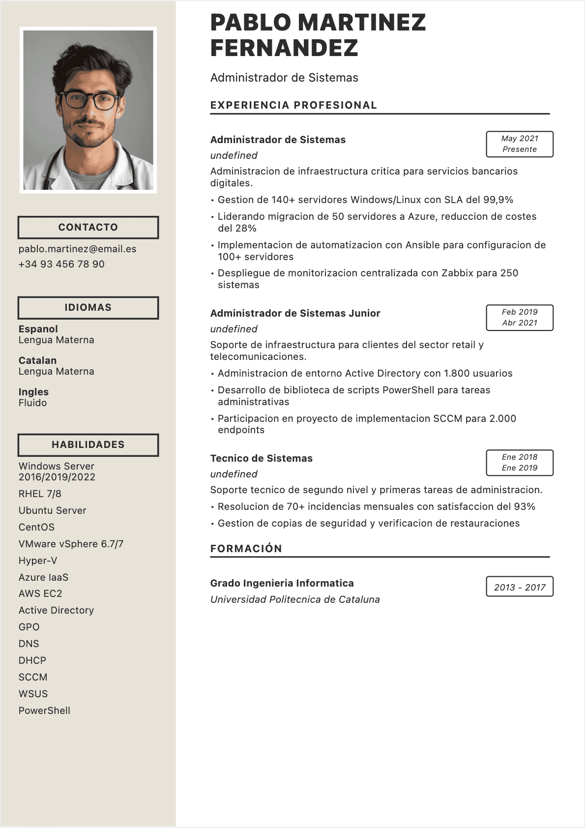 Administrador de sistemas Confirmé - CV Administrador de sistemas