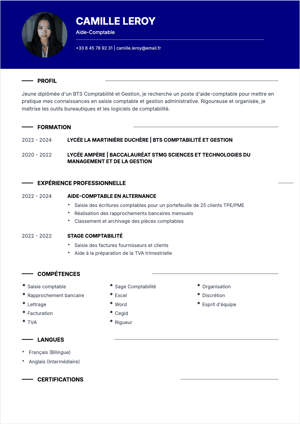 Aide-comptable Junior - CV Aide-comptable