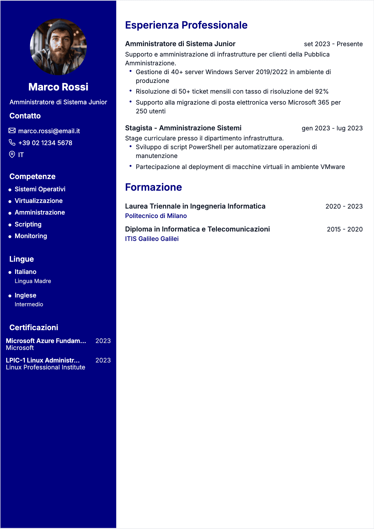 CV Amministratore di sistemi Junior - CV Amministratore di sistemi