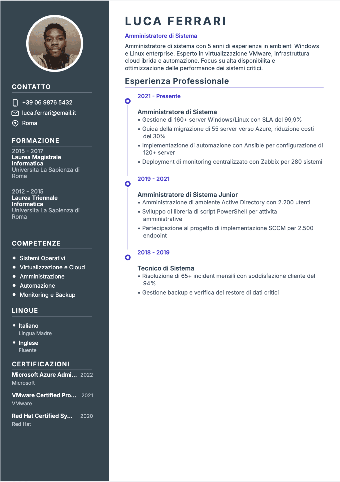 Amministratore di sistemi Confirmé - CV Amministratore di sistemi