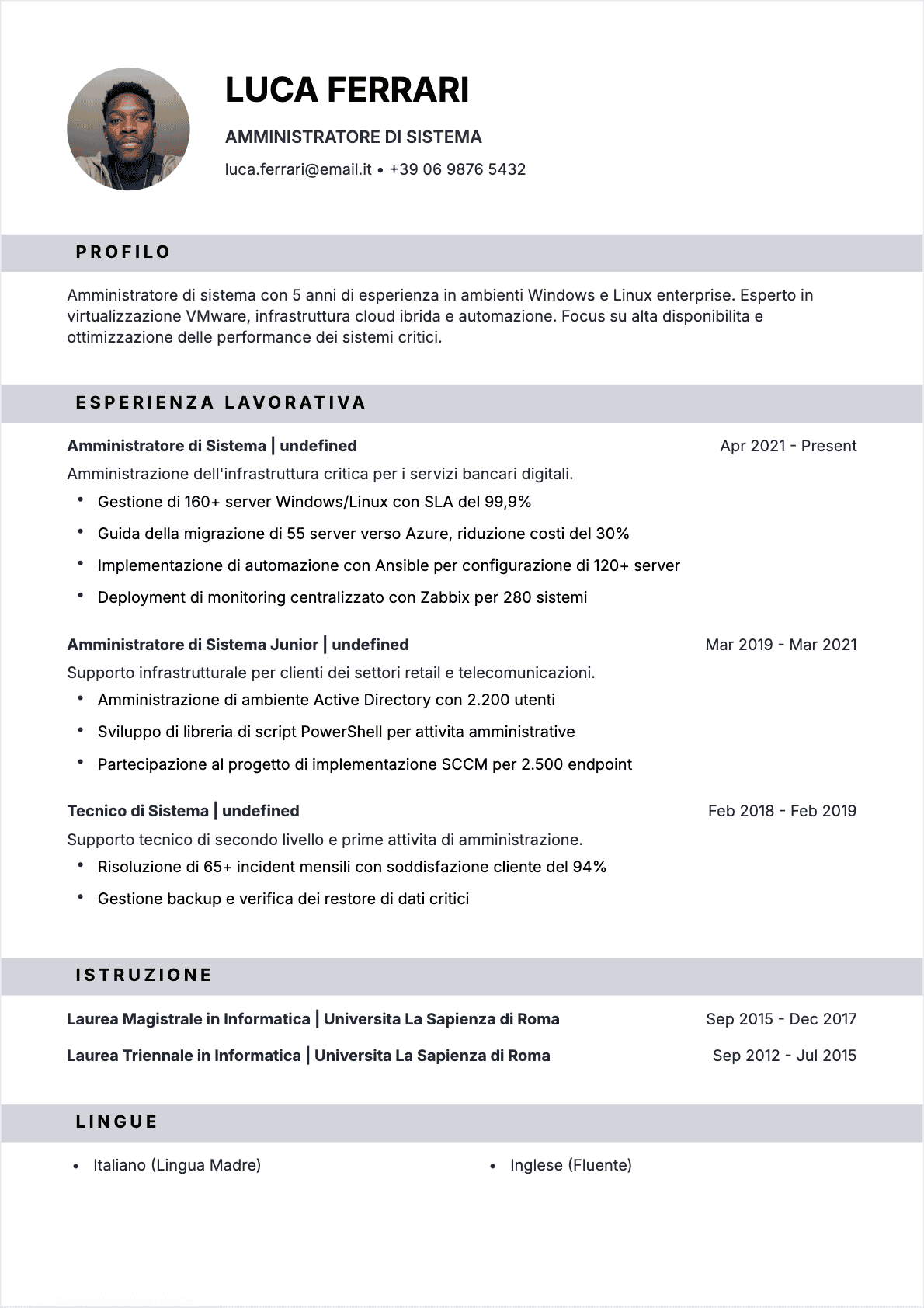 CV Amministratore di sistemi Confirmé - CV Amministratore di sistemi