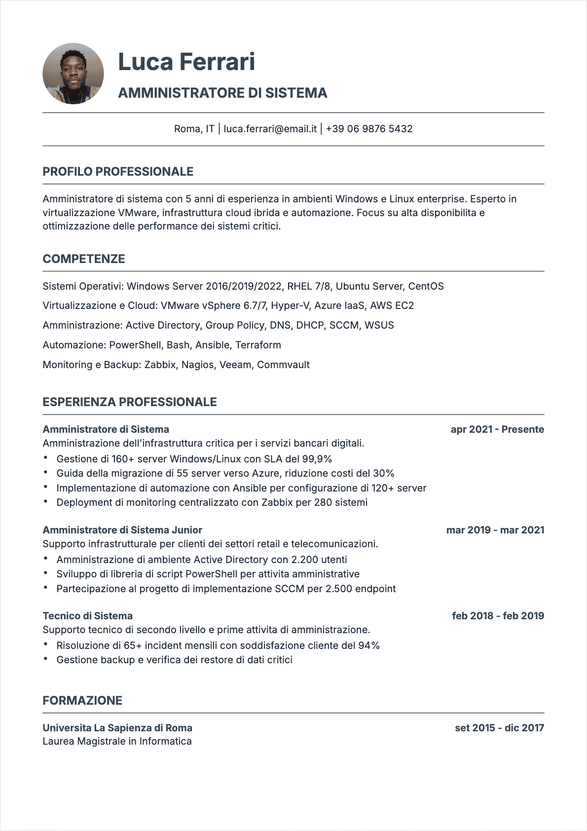 CV Amministratore di sistemi Confirmé - CV Amministratore di sistemi