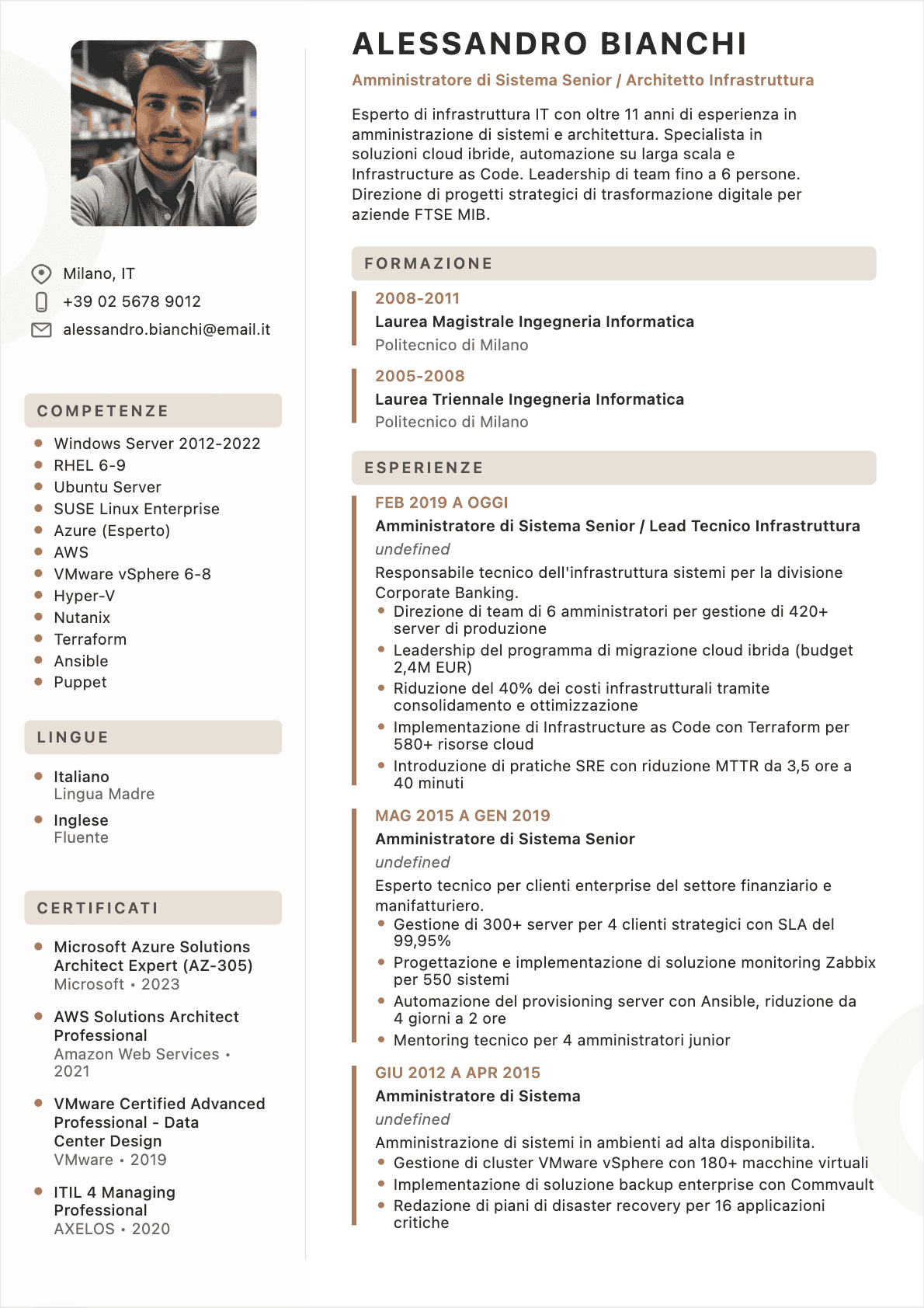Amministratore di sistemi Senior - CV Amministratore di sistemi