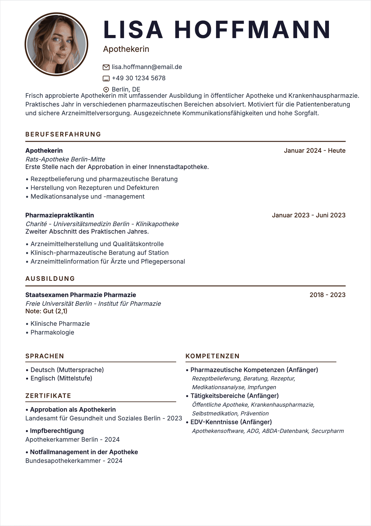 CV Apotheker Junior - Apotheker Lebenslauf