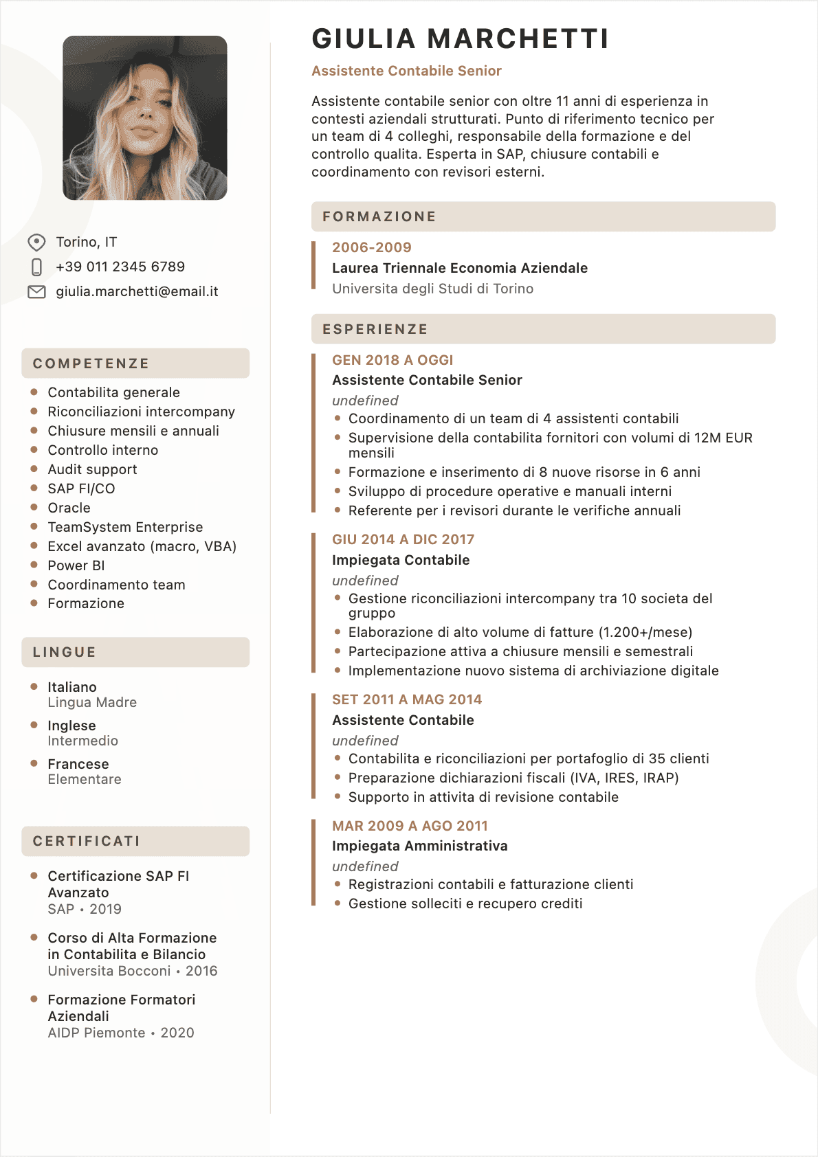 Assistente contabile Senior - CV Assistente contabile