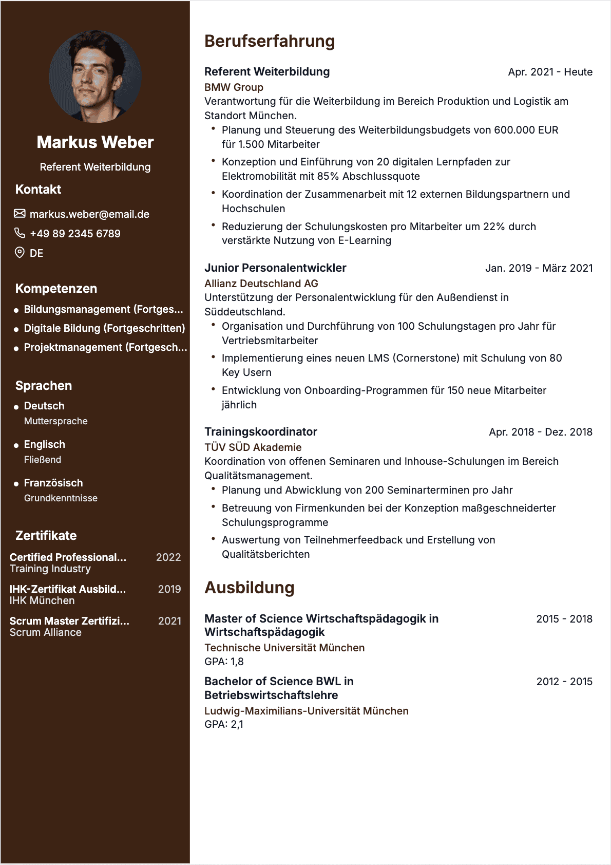 CV Ausbildungskoordinator Confirmé - Ausbildungskoordinator Lebenslauf