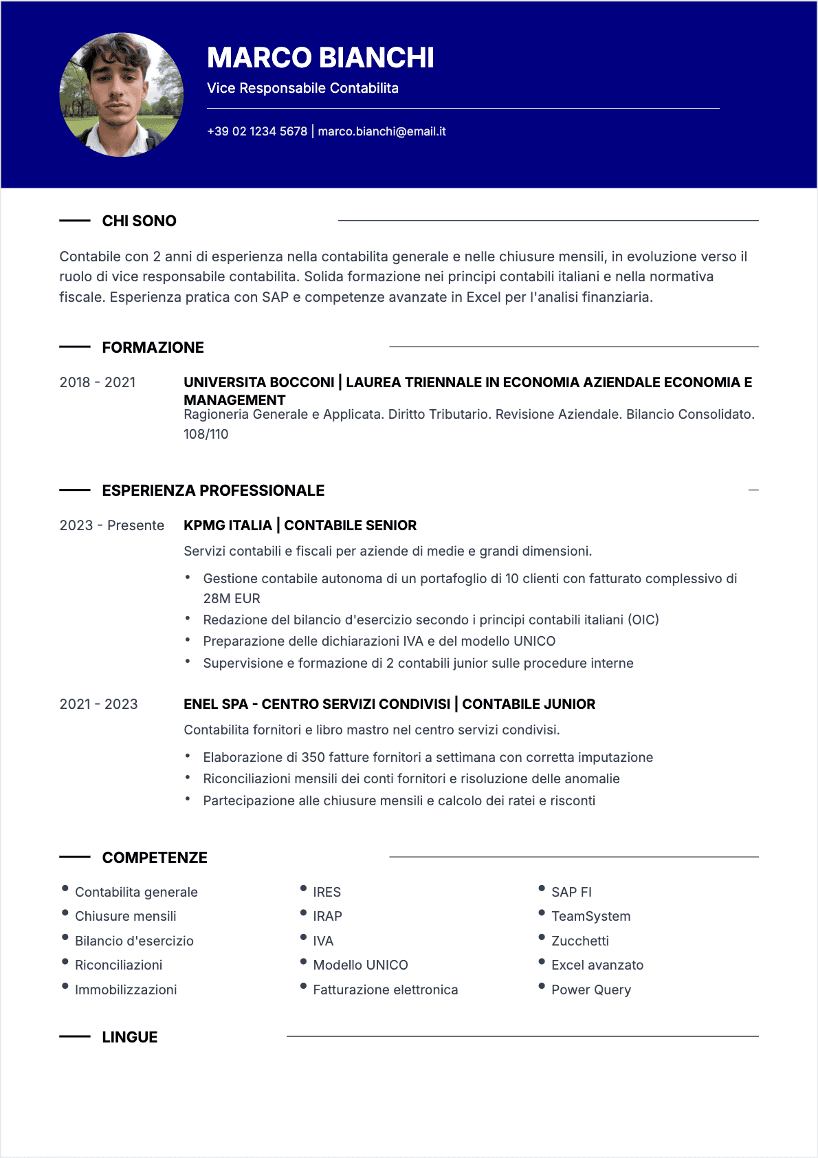 Capo contabile Junior - CV Capo contabile