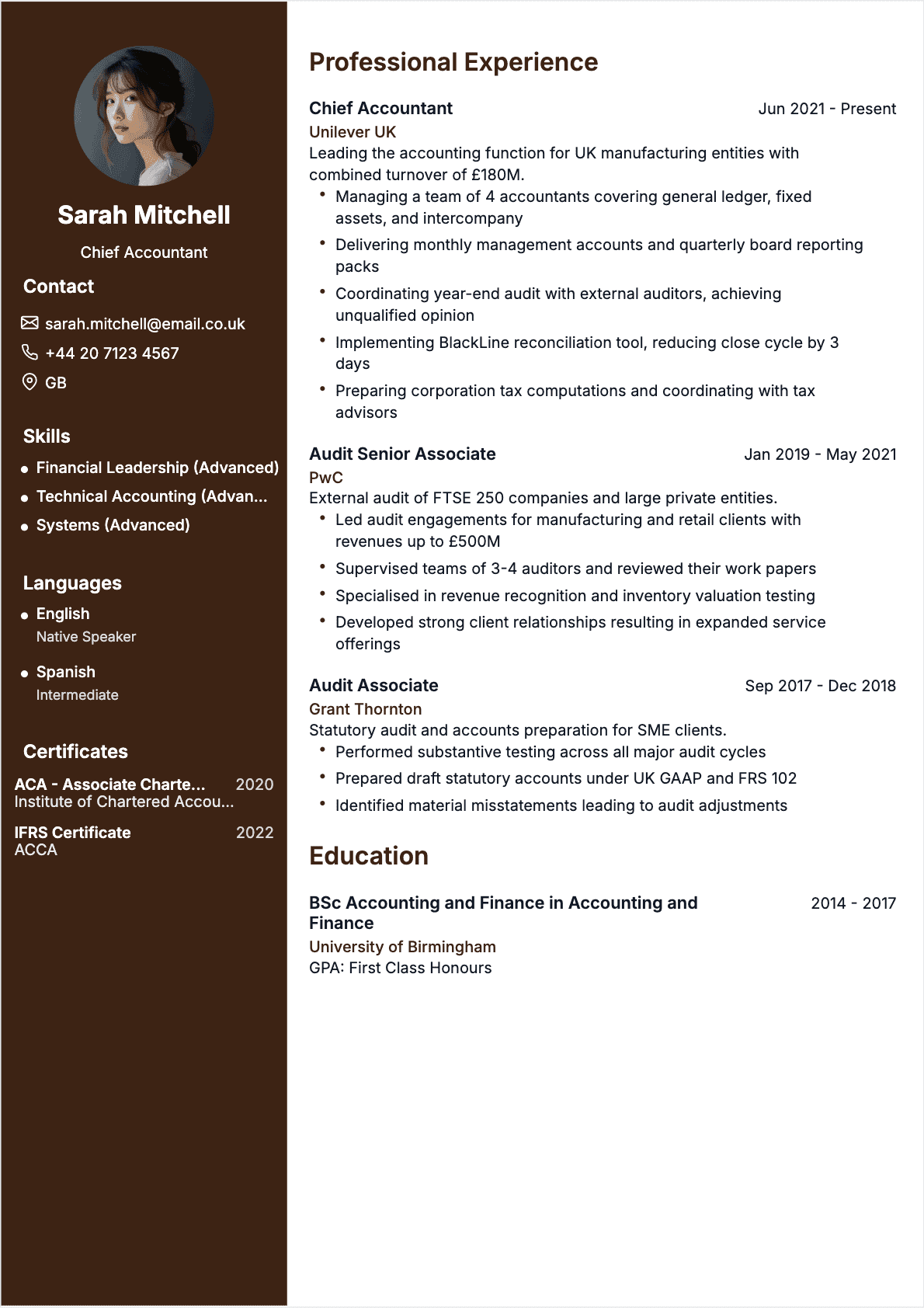 Chief Accountant Confirmé - Chief Accountant Resume