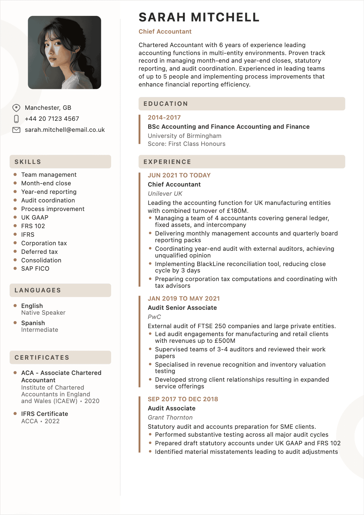 Chief Accountant Confirmé - Chief Accountant Resume