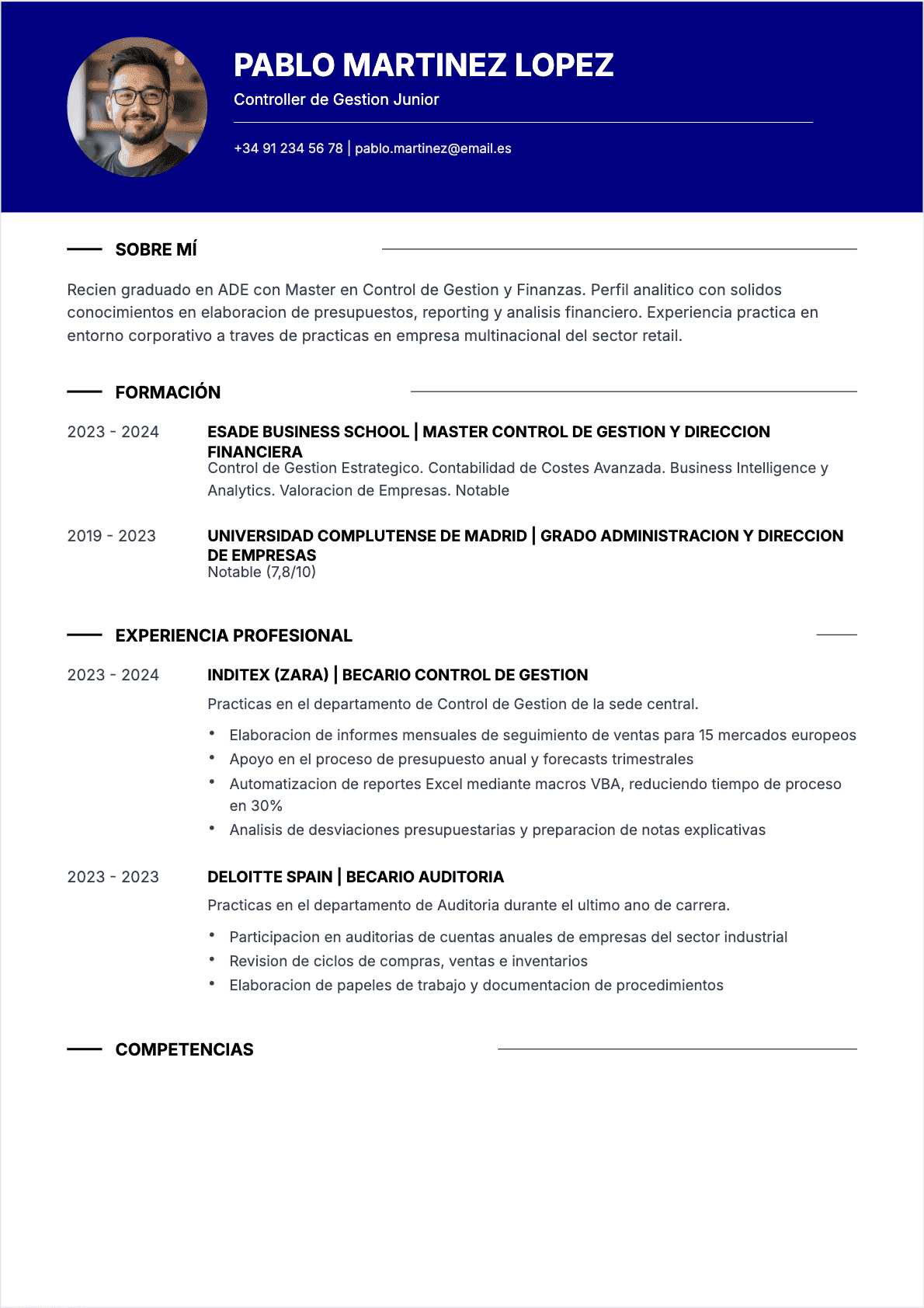 CV Controlador de gestión Junior - CV Controlador de gestión