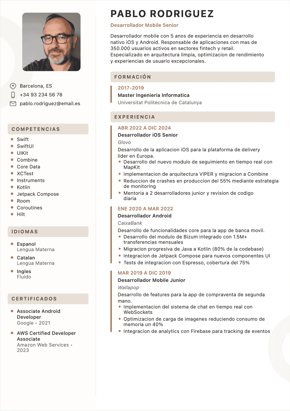 Desarrollador móvil Confirmé - CV Desarrollador móvil