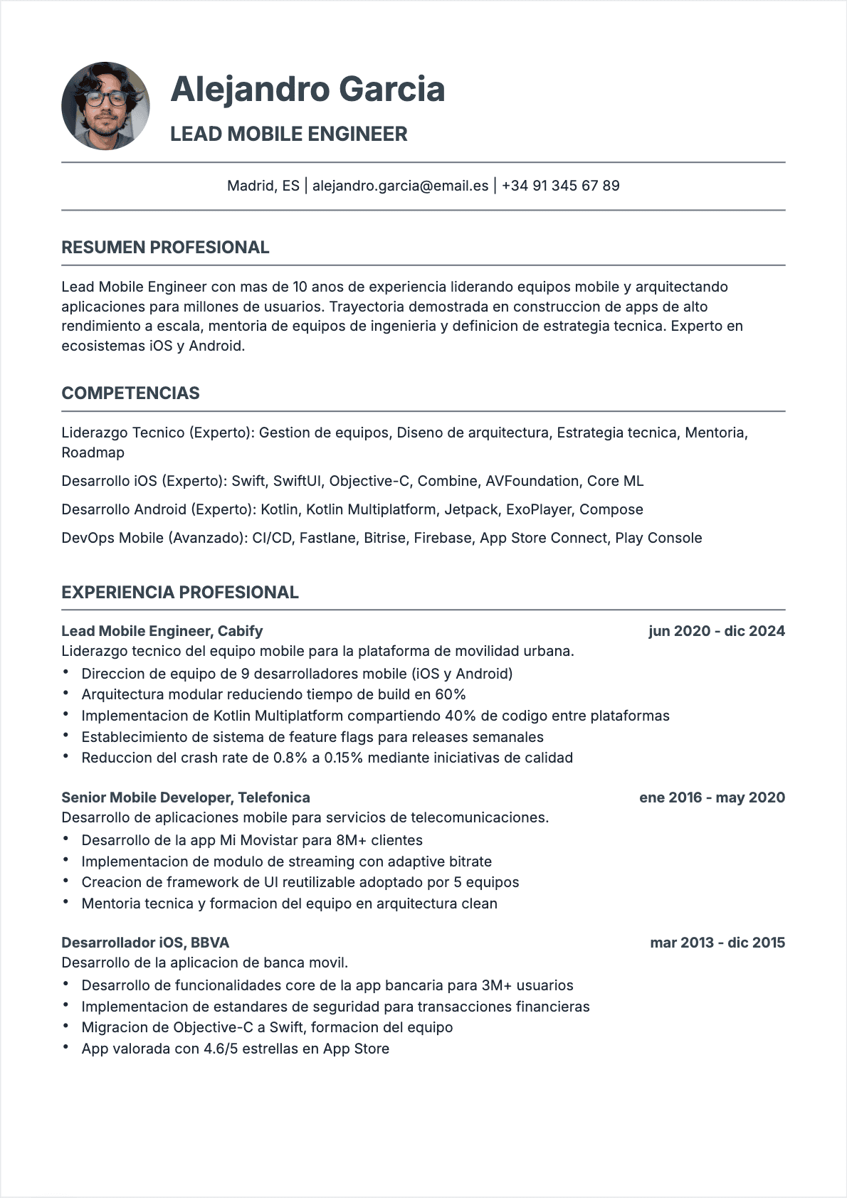 CV Desarrollador móvil Senior - CV Desarrollador móvil