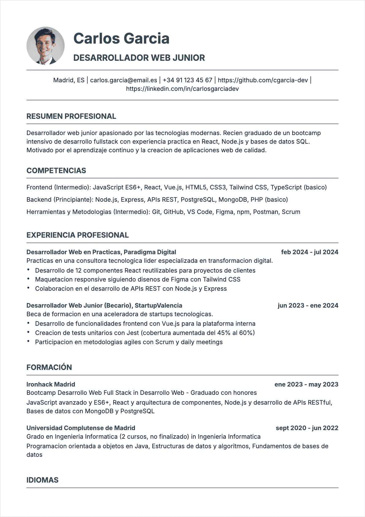 CV Desarrollador web Junior - CV Desarrollador web
