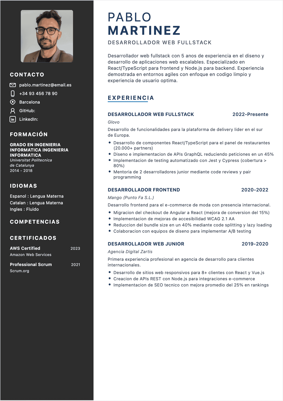 Desarrollador web Confirmé - CV Desarrollador web