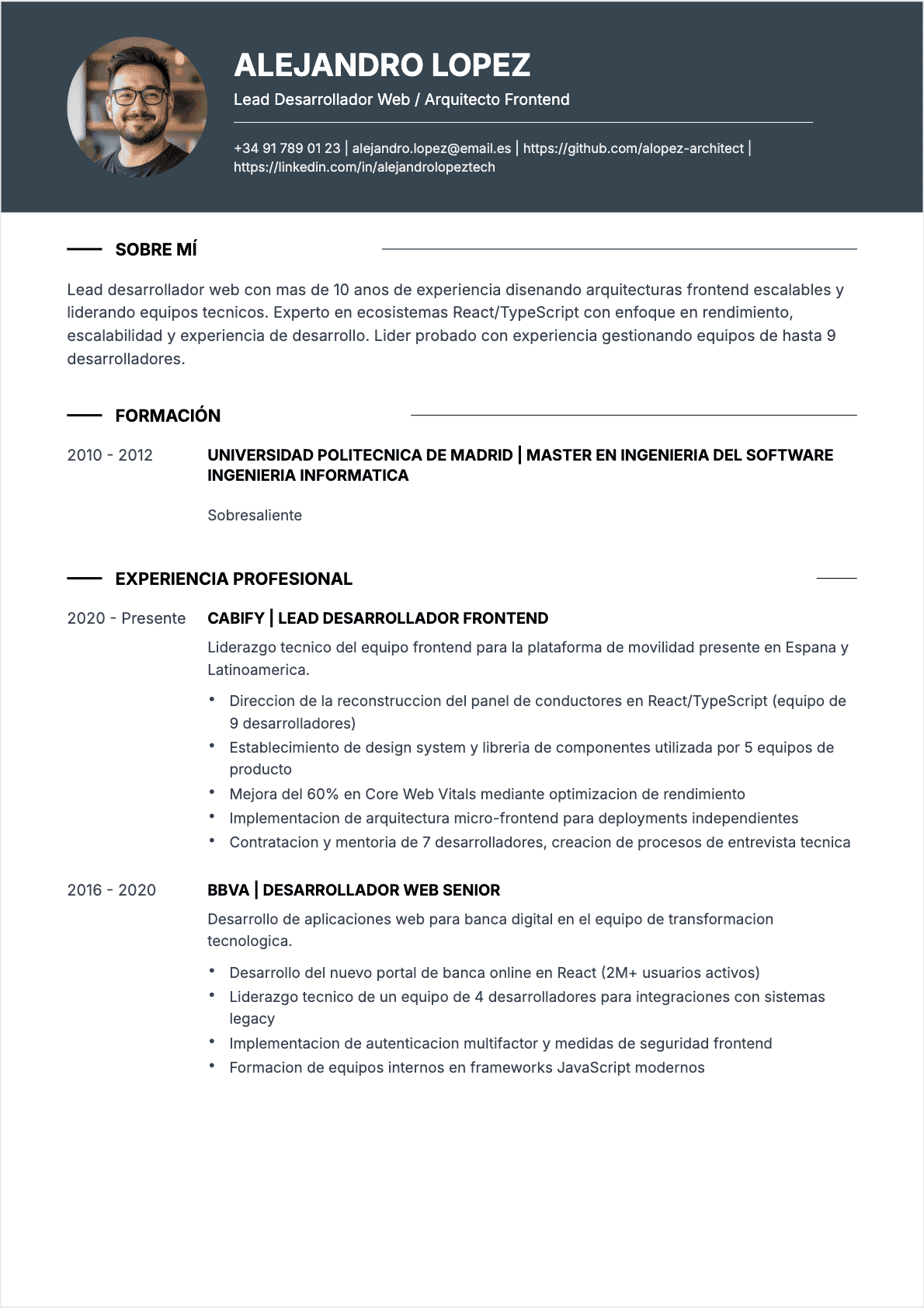 Desarrollador web Senior - CV Desarrollador web