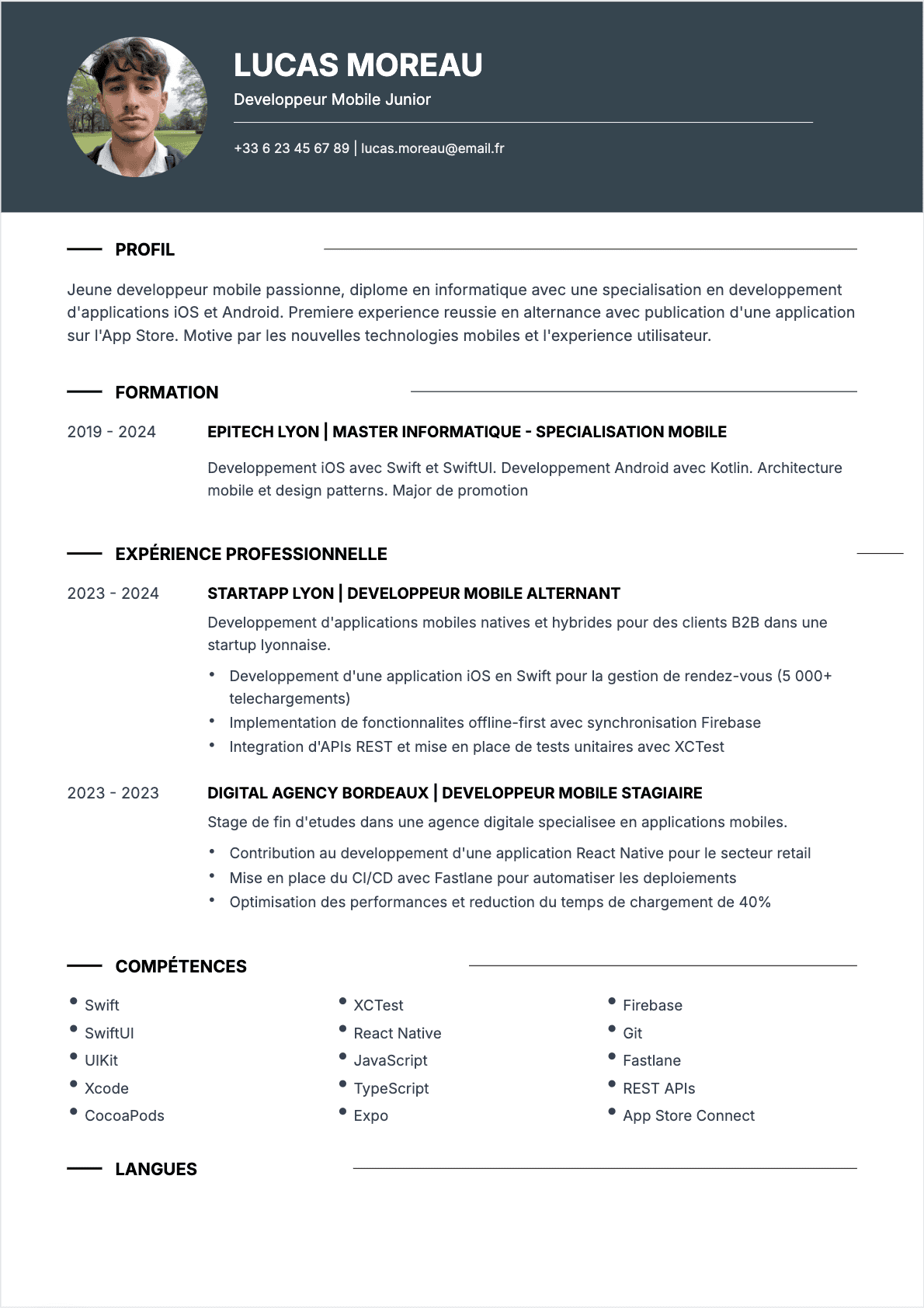 Développeur mobile Junior - CV Développeur mobile