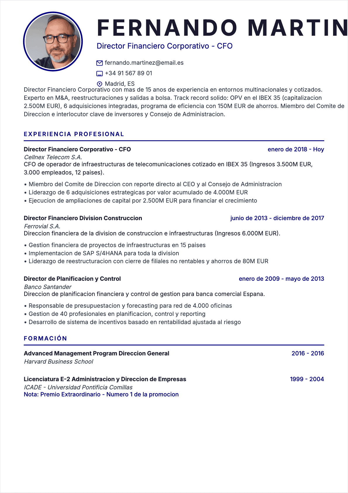 Director financiero Senior - CV Director financiero