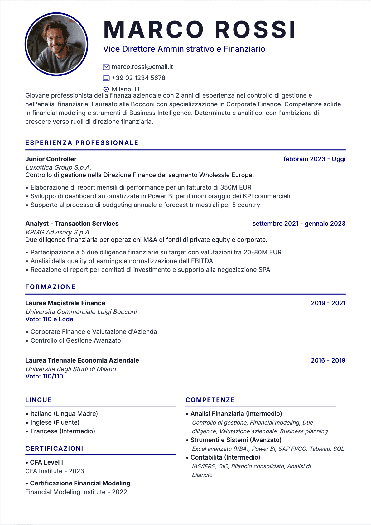 CV Direttore finanziario Junior - CV Direttore finanziario