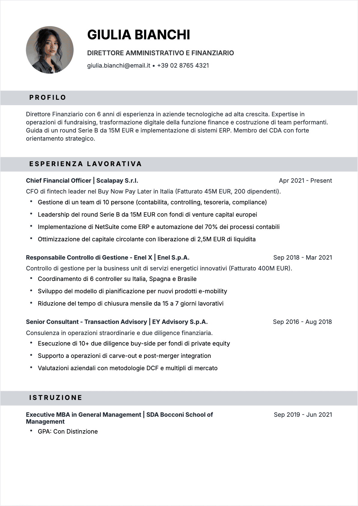 CV Direttore finanziario Confirmé - CV Direttore finanziario