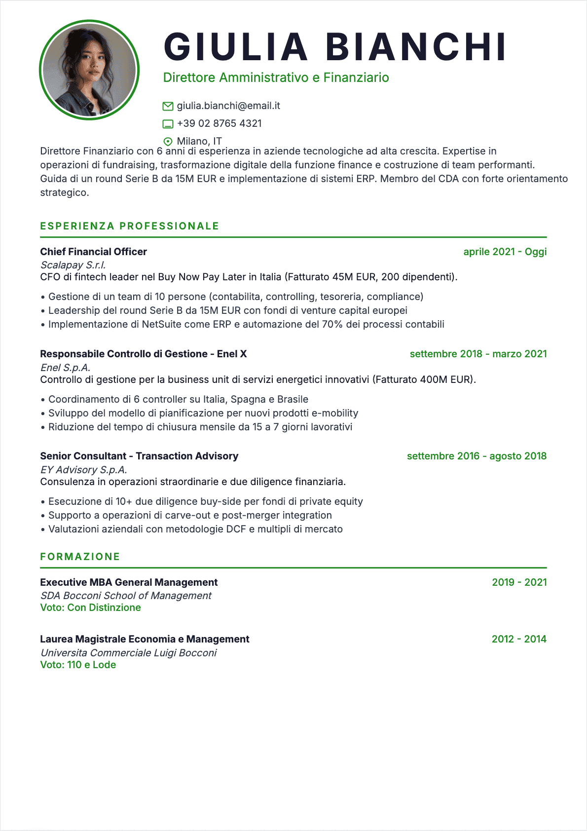 Direttore finanziario Confirmé - CV Direttore finanziario