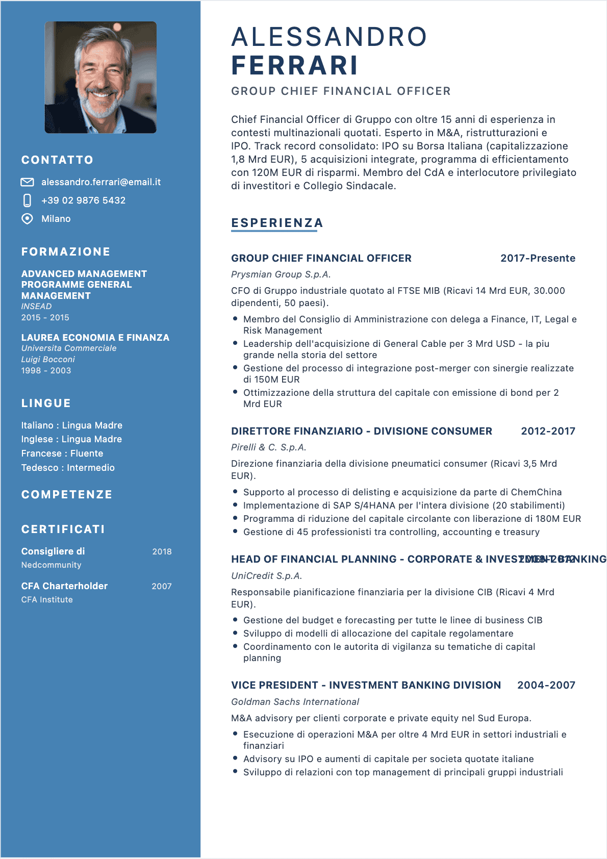 Direttore finanziario Senior - CV Direttore finanziario