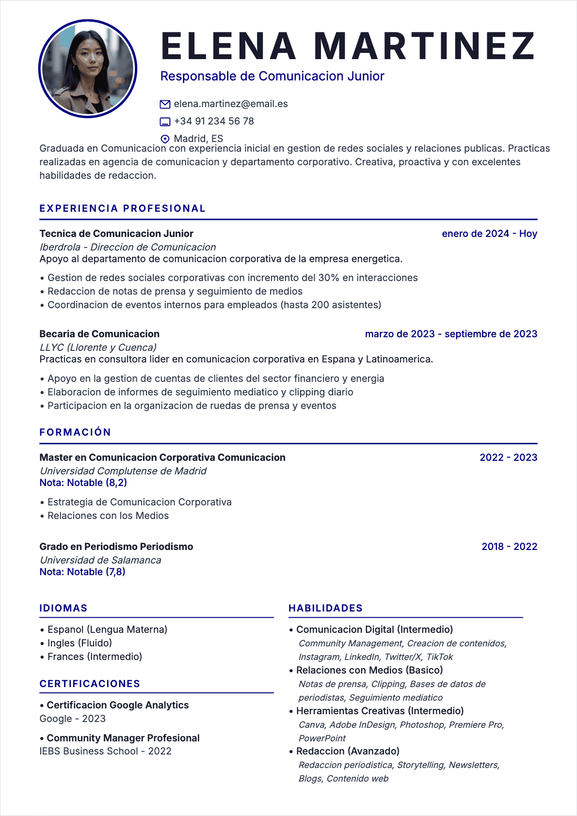 Especialista en comunicación Junior - CV Especialista en comunicación