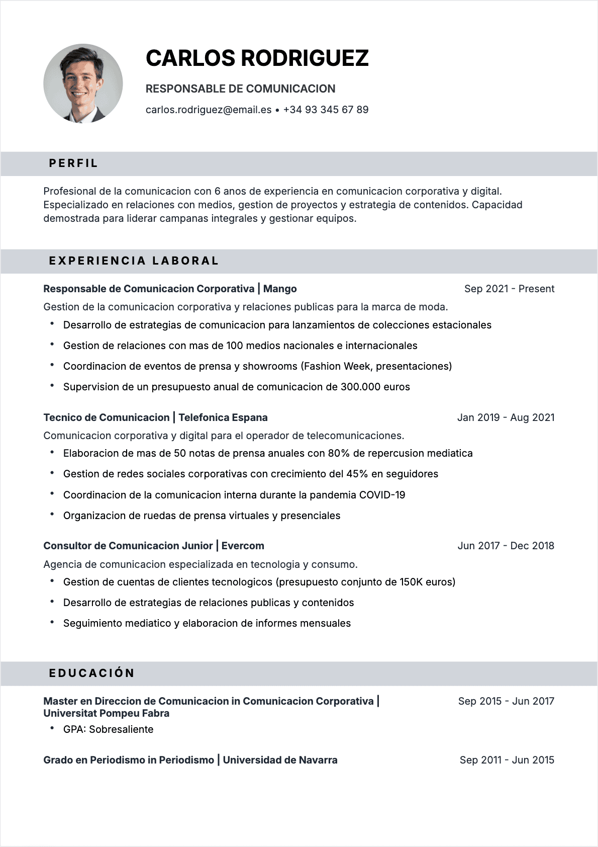 CV Especialista en comunicación Confirmé - CV Especialista en comunicación