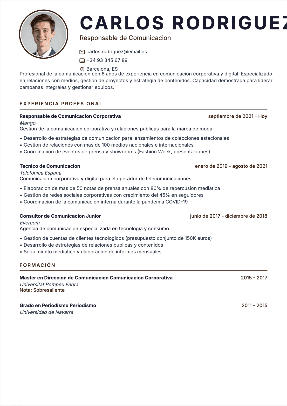 Especialista en comunicación Confirmé - CV Especialista en comunicación