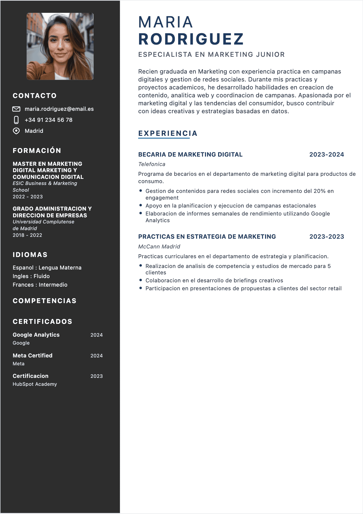 Especialista en marketing Junior - CV Especialista en marketing